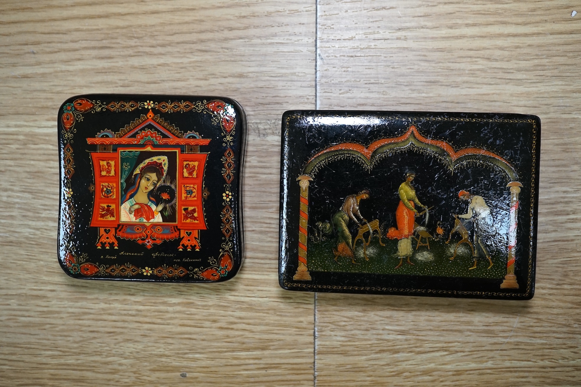 Six late 20th century Russian lacquer boxes, largest 12.5cm. Condition - good